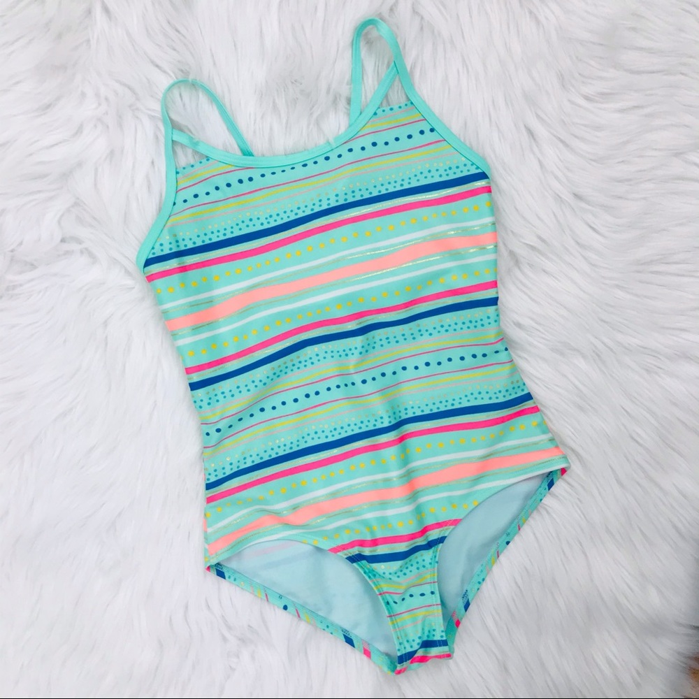 NWOT!! Cat & Jack Girls Multicolor Stripe Print with Bow on the Back Swimsuit